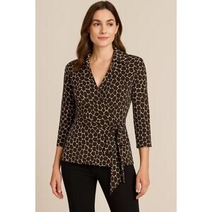 Chico's Animal Print Brown Long Sleeve Wrap Blouse & Collar Size 0